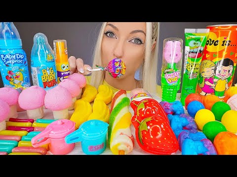 ASMR EATING LOLLIPOP, RAINBOW DESSERT, CANDY, ICE CREAM, CHEWING GUM (SOUR SPRAY) MUKBANG, 막대사탕 먹방