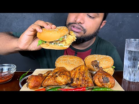 burger and chicken eating show, food eating video