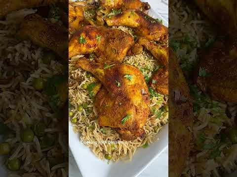 chicken roast with matar pulao, chicken and rice platter