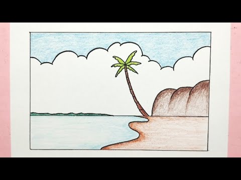 Cara menggambar pemandangan pantai - How to draw beach scenery