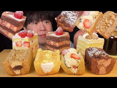 SUB) 퐁실퐁실 쉬폰산도 & 딸기 케이크, 고구마 케이크 먹방 ASMR 푸딩이 올라간 부드러운 쉬폰산도와 초코딸기케이크, 딸기케이크, 고구마 케이크까지🍰 부드러운 디저트들