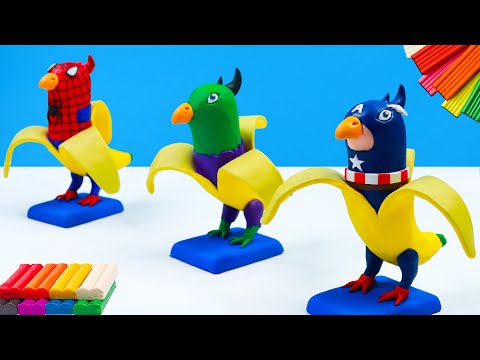 DIY Parrot-Banana hybrid in the style of Spider-Man, Hulk, and Captain America with Clay