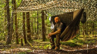 Bushcraft Camping In The Forest With Tarp Shelter