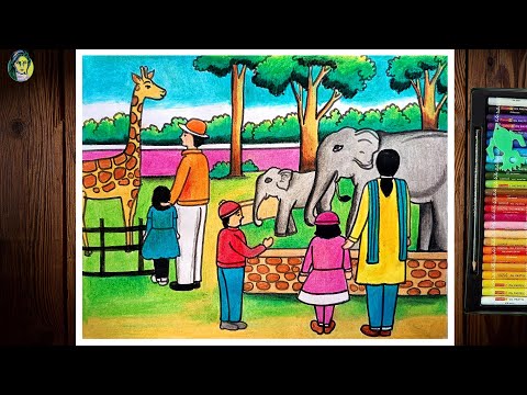 How To Draw A Scenery Of Zoo Step By Step | Zoo Scenery Drawing Easy | Zoo Animals Drawing Easy