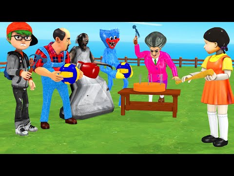 Scary Teacher 3D vs Squid Game Hammer vs Boxing 5 Times Challenge Miss T vs 4 Neighbor Winning