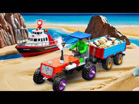 Diy mini tractor making Ship Clam Fishing on Beach |How to catch fish using mini boat new technology