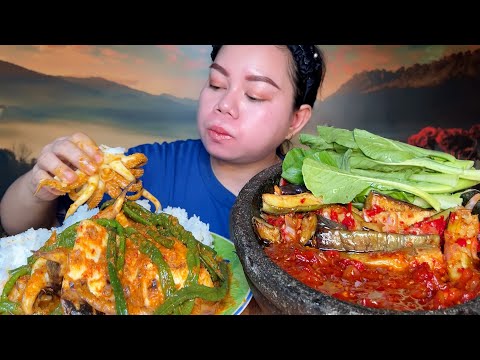 Gulai cumi jumbo kacang panjang sambal terong pedas lalaban sawi MUKBANG