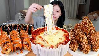 ASMR MUKBANG| 엽기 떡볶이 후라이드 치킨 핫도그 김밥 먹방 & 레시피 FRIED CHICKEN AND Tteokbokki EATING