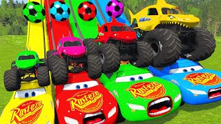 5 MONSTER TRUCK VS GIANT COLOR WATER SLIDE GAME - BeamNG.Drive