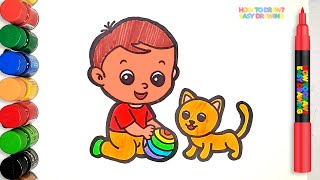 Cute Baby and Cat Drawing for Kids | Easy Step-by-Step Tutorial