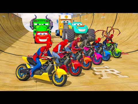 GTA 5 lightning McQueen car vs monster McQueen | Team spiderman bike race mega ramp challenge