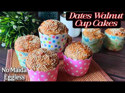 Eggless Dates Walnut Cup Cakes Without Oven | Easy Healthy Cup Cakes Without Maida, Butter, Curd