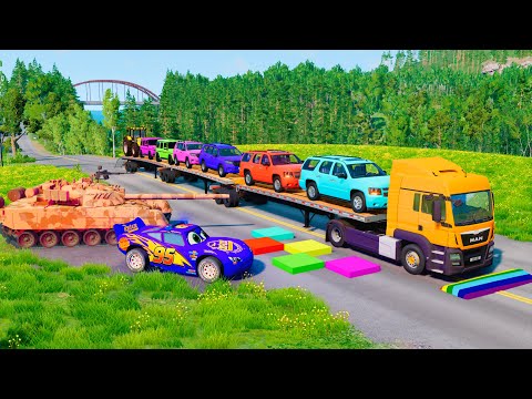 Flatbed Trailer McQueen Transportation with Truck - Speedbumps vs Cars vs Train - BeamNG.Drive #15