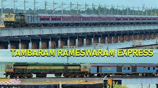 PAMBAN Express crosses the PAMBAN Bridge !! WDP 4D hauled TAMBARAM RAMESWARAM Express