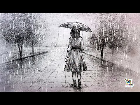 How to draw Girl with Umbrella in Rainy Season by Pencil