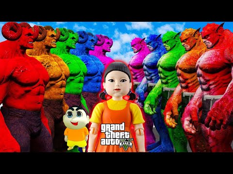 Franklin and Shinchan & Pinchan play HIDE AND KILL with ELEMNTAL HULKS Squid Game Doll In GTA 5