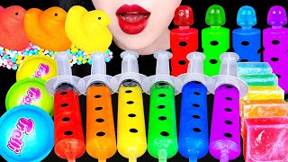 ASMR RAINBOW JELLO SHOOTER 무지개 젤로 슈터, 주사기 젤리 먹방 PEEPS MARSHMALLOW, JELLY GUMMY EATING SOUNDS MUKBANG