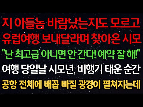 실화사연-지 아들놈 바람난지도 모르고 유럽여행 보내달라는 시모 "난 최고급 아니면 안간다! 예약 잘해!" 여행 당일 시모 비행기 태운 순간 공항 전체에 배꼽 빠질 광경이 펼쳐지는데