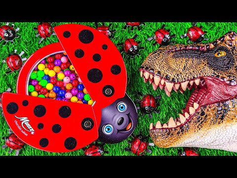 Best Satisfying ASMR | Funny Dinosaur & Colorful M&M's with LadyBug Full of Magic Beads