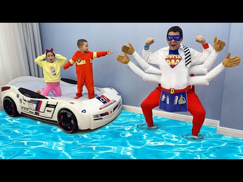 София и история для детей про Супер Папу разбросанные платья и игрушки