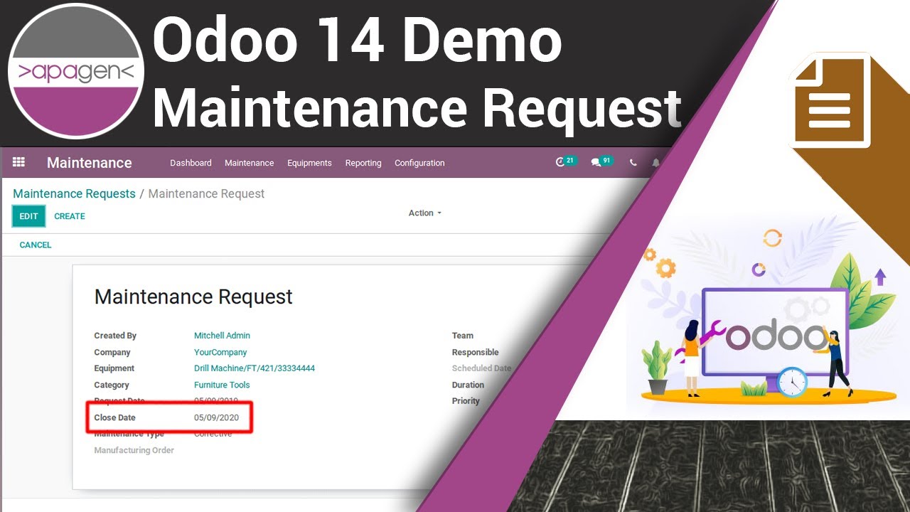 Odoo14 Demo - Maintenance Request | Apagen Solutions Pvt. Ltd. (Odoo Service Provider) | 10.12.2020

In this Video we are going to demonstrate Maintenance Request in the #Odoo14 Enterprise version. #OdooMaintenance module ...