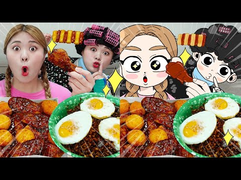 HIU 하이유 Animation | MUKBANG🍗 SPICY FRIED CHICKEN BLACK NOODLES EATING SOUND 하이툰