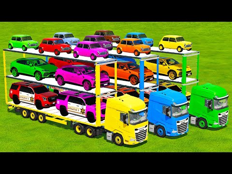 TRANSPORTING CARS, GMC POLICE, LAMBORGHINI HURACAN & MINI COOPER WITH DAF TRUCKS - FS22