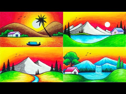 Collection Of Beautiful Sunset And Mountain Scenery Drawings With Oil Pastels | Drawing Scenery