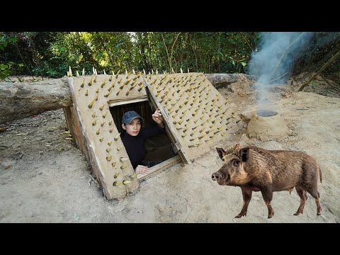 Building a Warm and Cozy Fallen Tree Survival Shelter. Bushcraft Dugout at the Root of an Old Stump