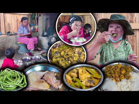 Long Beans (BODI) & Chicken meat Recipe with rice cooking & eating in Village Kitchen | Village vlog