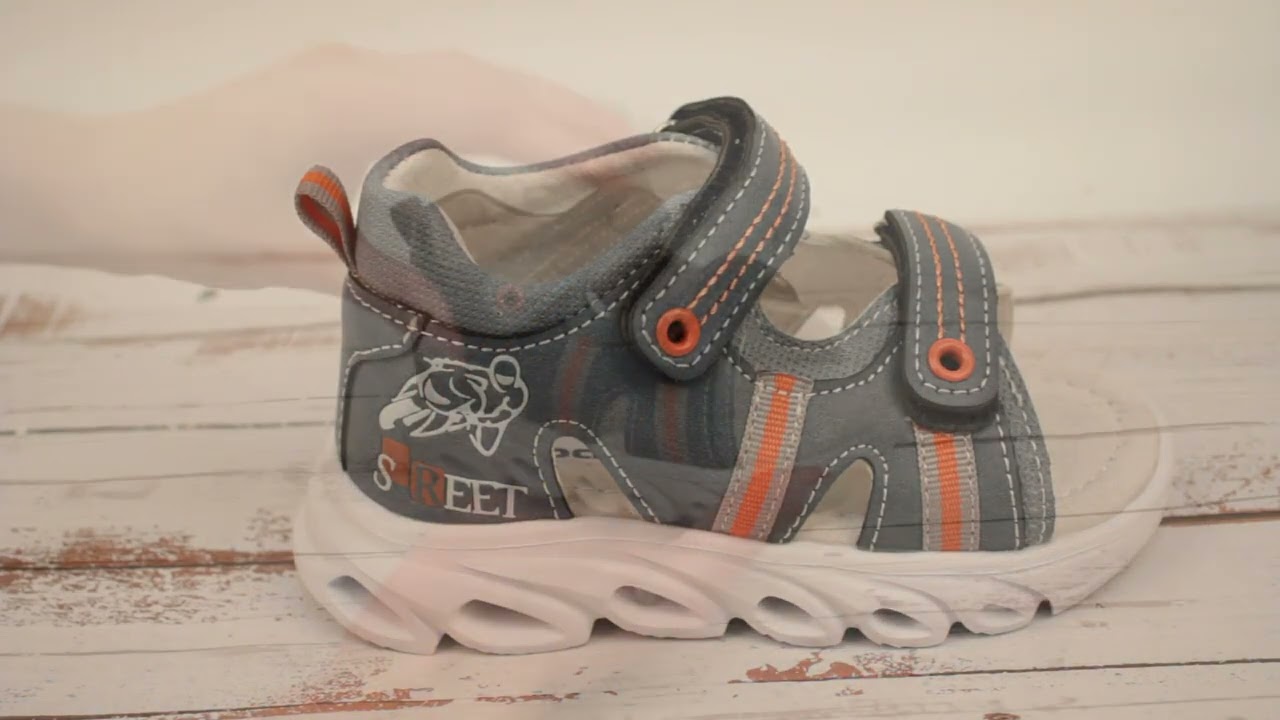 Сандалии Pasito подошва с огоньками голубые с оранжевыми вставками - видео