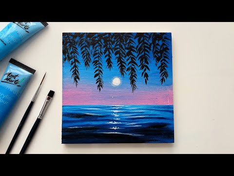 Easy Moonlight Seascape Acrylic Painting Tutorial / Easy Painting Idea