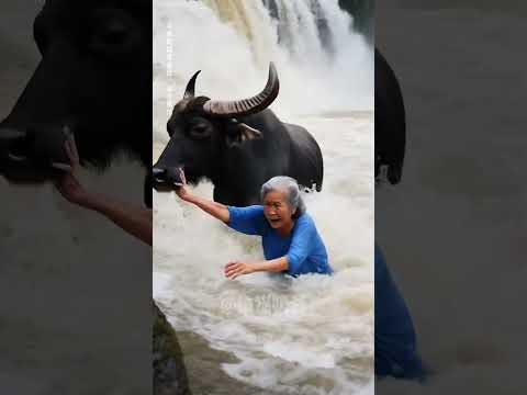 An old woman accidentally fell into the water and was saved by a cat and a buffalo
