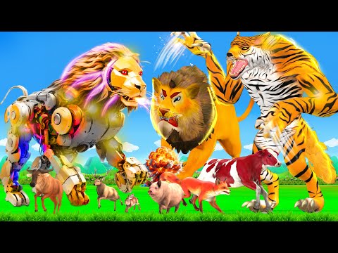 रंगीन विशाल रोबोट शेर vs विशाल खूनी बाघ भेड़िया लड़ाई Sher Robot vs Tiger Wolf Story Moral Stories