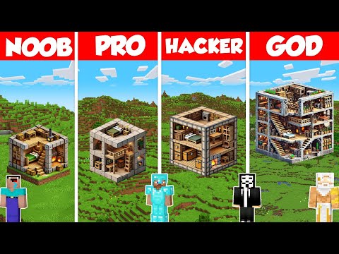 Cube House Base Build Battle Challenge - Noob vs Pro vs Hacker vs God - Minecraft Animation