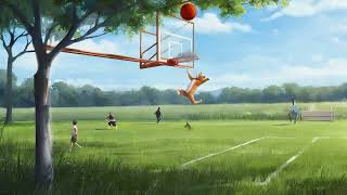 The cat runs forward, jumps up, and shoots a basketball at the hoop  The ball arcs through the air a