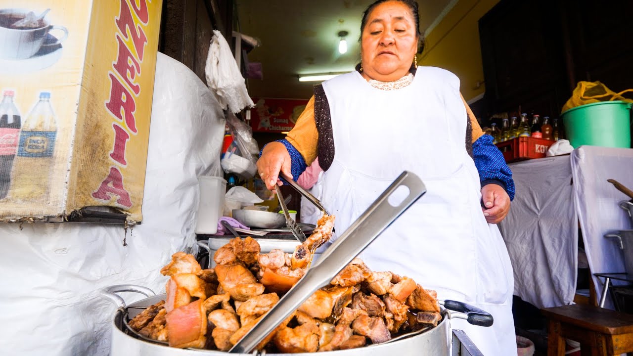 Extreme STREET FOOD Tour in Cusco, Peru - CORN BEER PORK CHOP + Crazy Spicy Chilies Tour