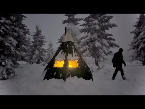 Hot Tent Camping in a Snowstorm | Solo Winter Camp in Heavy Snow