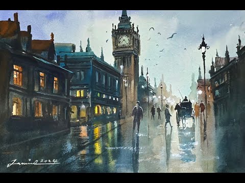 Watercolor painting tutorial - cityscape