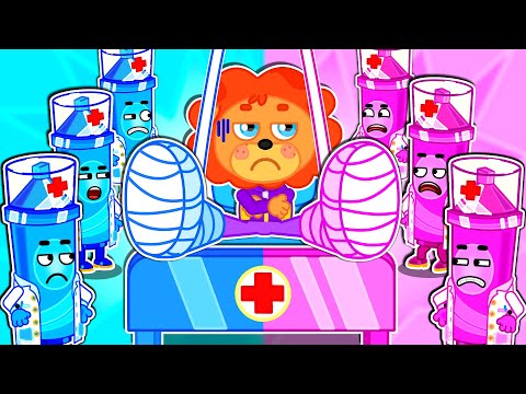 Lion Family | Pink vs Blue Crayons Doctor Team | Cartoon for Kids