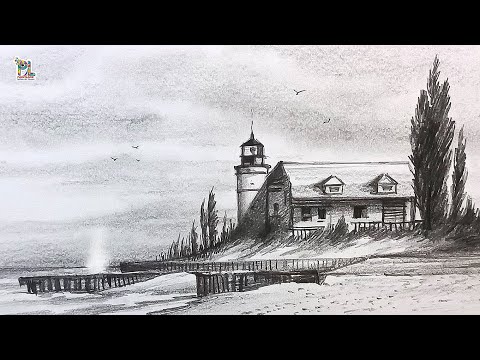 Drawing Beach side Light House in Seascape Scenery Art