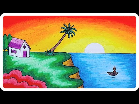 Scenery Drawing | How To Draw Easy Sunset and Beach Scenery Step by Step With Oil Pastels