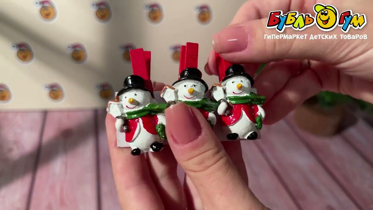 Декор прищепки Снеговик 5,5см 3шт - видео