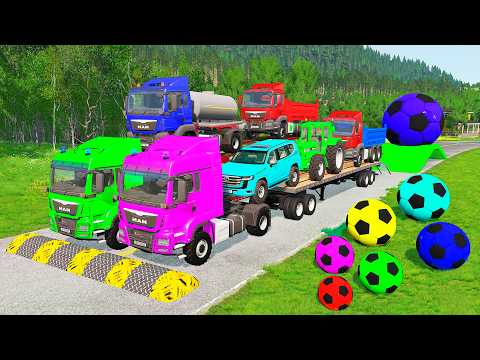 Flatbed Trailer McQueen Transportation with Truck - Speedbumps vs Cars vs Train - BeamNG.Drive #24
