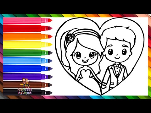 Dibuja y Colorea A Una Pareja Recién Casada: Una Novia Y Un Novio 👰💐💍🤵❤️🌈 Dibujos Para Niños