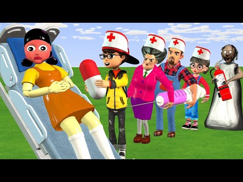 Scary Teacher 3D vs Squid Game DOLL Become a Doctor Rescuing Pregnant Doll 5 Times Challenge