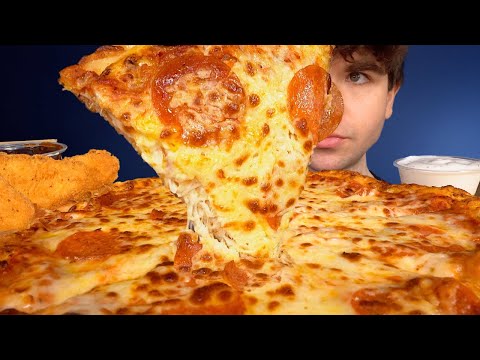 ASMR MUKBANG EXTRA CHEESE PEPPERONI PIZZA CRISPY CHICKEN & FRIES | WITH RANCH