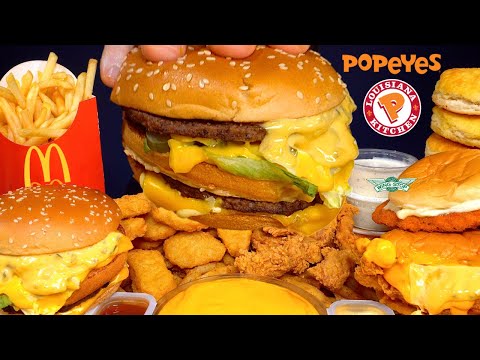 ASMR MUKBANG MCDONALDS & POPEYES? BIG MAC BURGERS CHICKEN SANDWICH NUGGETS & FRIES | WITH CHEESE