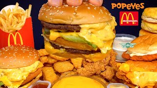 ASMR MUKBANG EXTRA BIG MAC SAUCE MCDONALDS BURGERS POPEYES CHICKEN SANDWICH & FRIES | WITH CHEESE