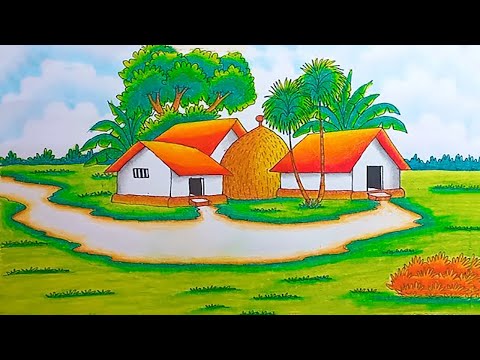 How to draw beautiful landscape village scenery step by step easy drawing with oil pastel colour